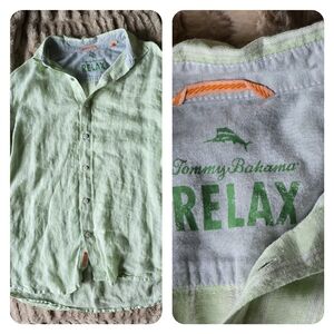 Tommy Bahama Men's Linen Relax Shirt Size Large Green White Striped Long Sleeve